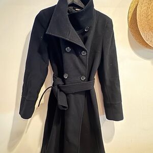 Stylish Black Double-Breasted mid length pea coat, Wool/Cashmere blend, 6